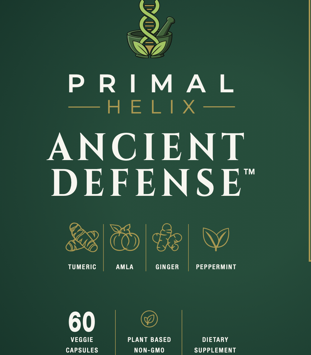 Ancient Defense label: turmeric, amla, ginger, and peppermint. 60 veggie capsules, plant based, non-GMO dietary supplement.