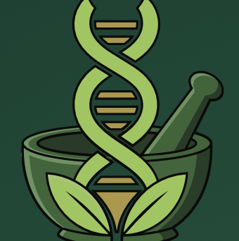 Primal Helix mark: a DNA helix rising from a mortar and pestle, wrapped in leaves